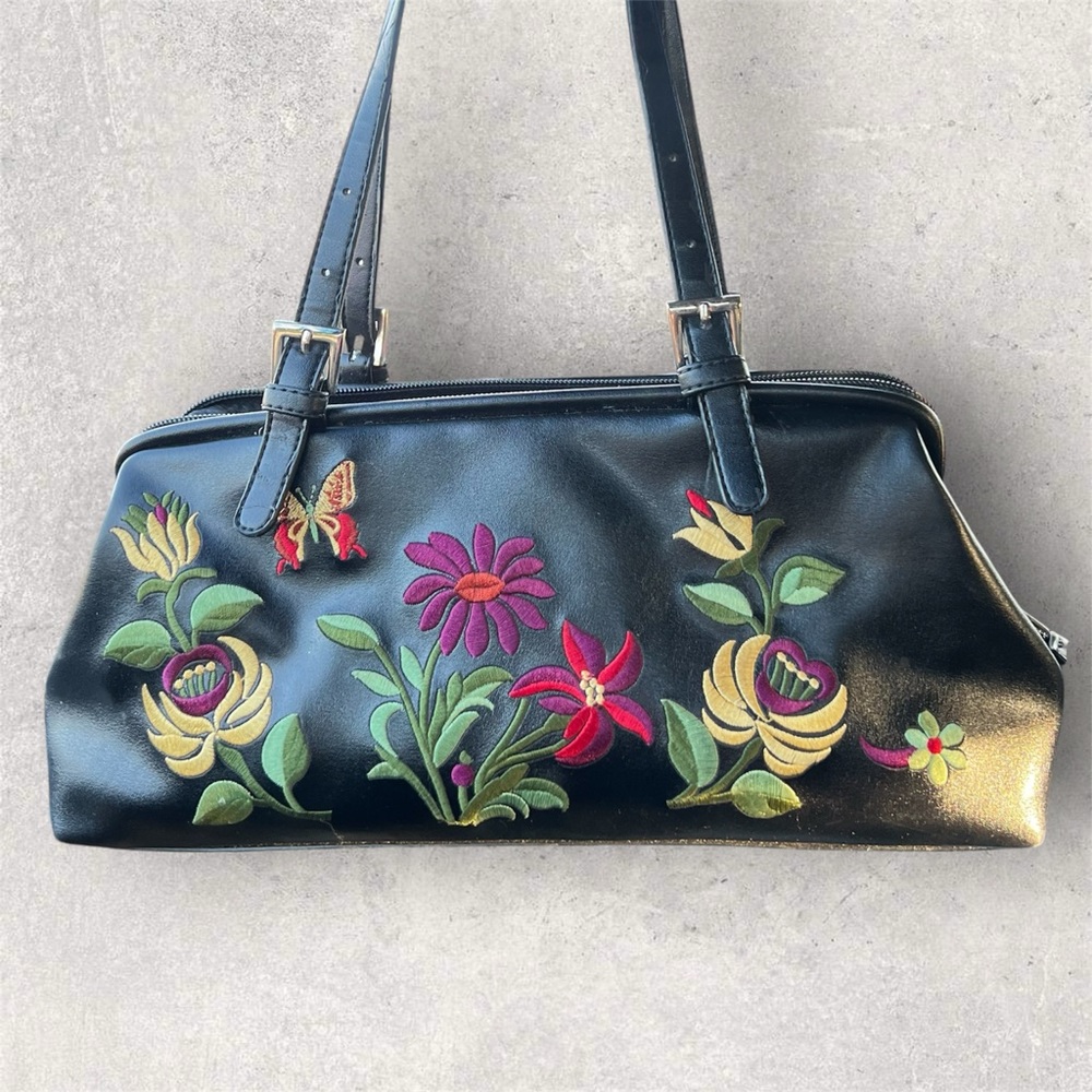 Embroidered Black moody Floral shoulder purse bag Y2K baguette butterfly bag